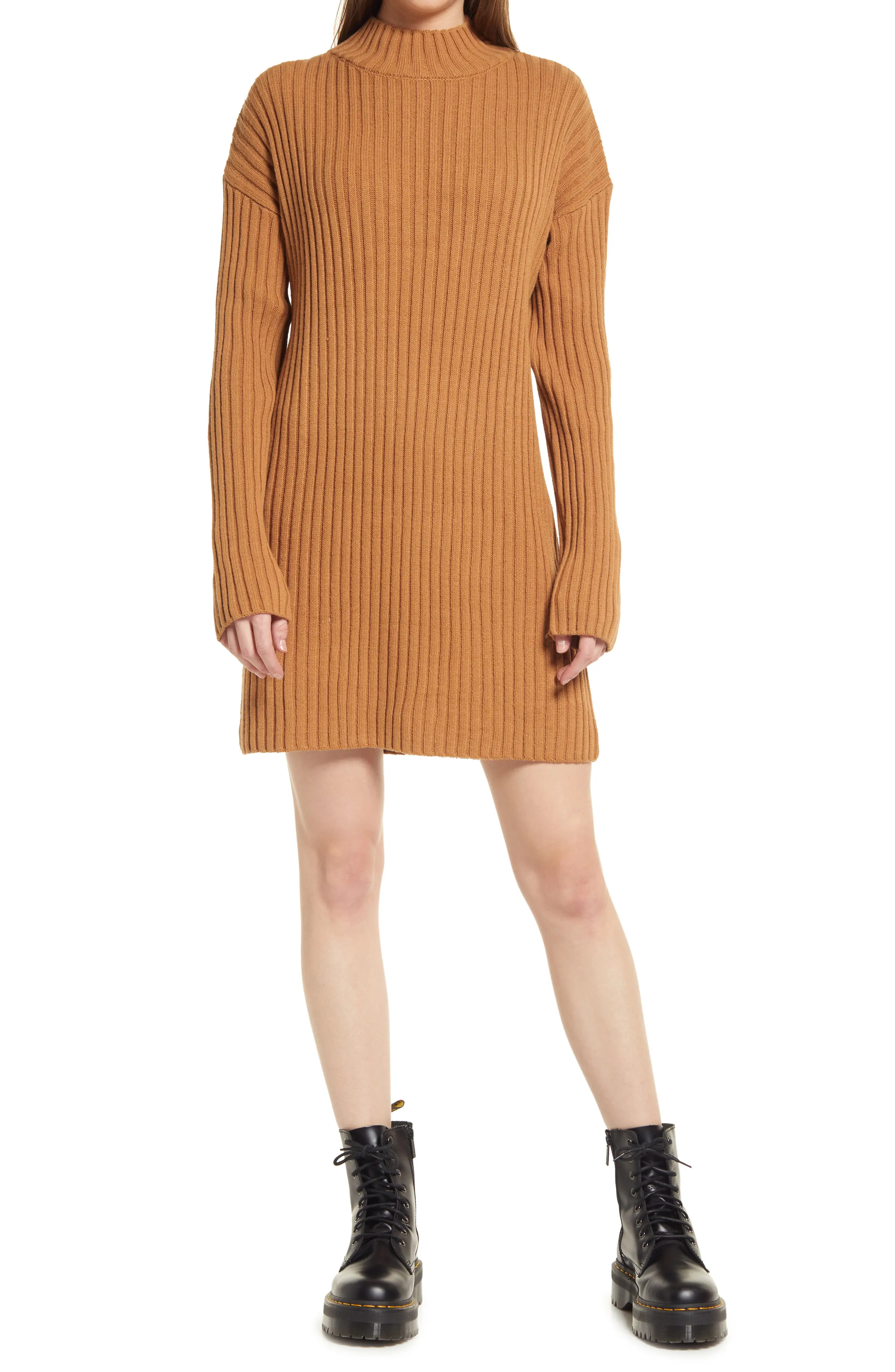 BP. Mock Neck Long Sleeve Cotton Blend Rib Sweater Dress in Tan Dale at Nordstrom, Size Medium | Nordstrom