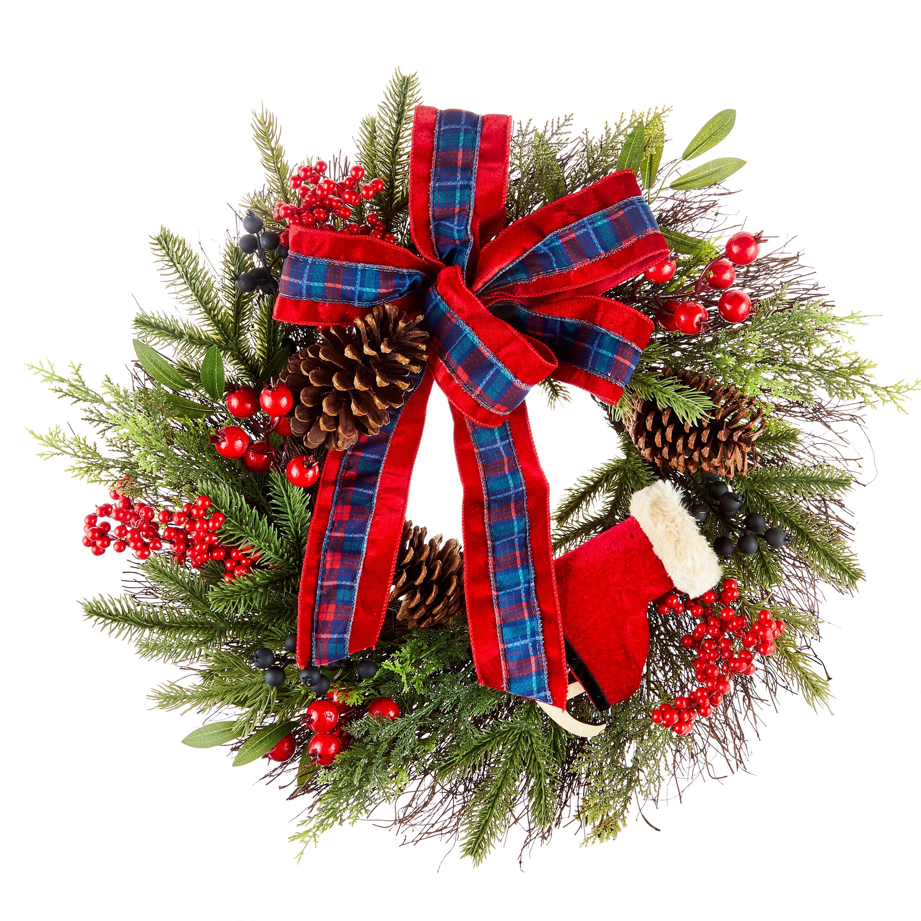 Holiday Time Red Ribbon & Ice Skate Artificial Pine Christmas Wreath, 24"dia - Walmart.com | Walmart (US)
