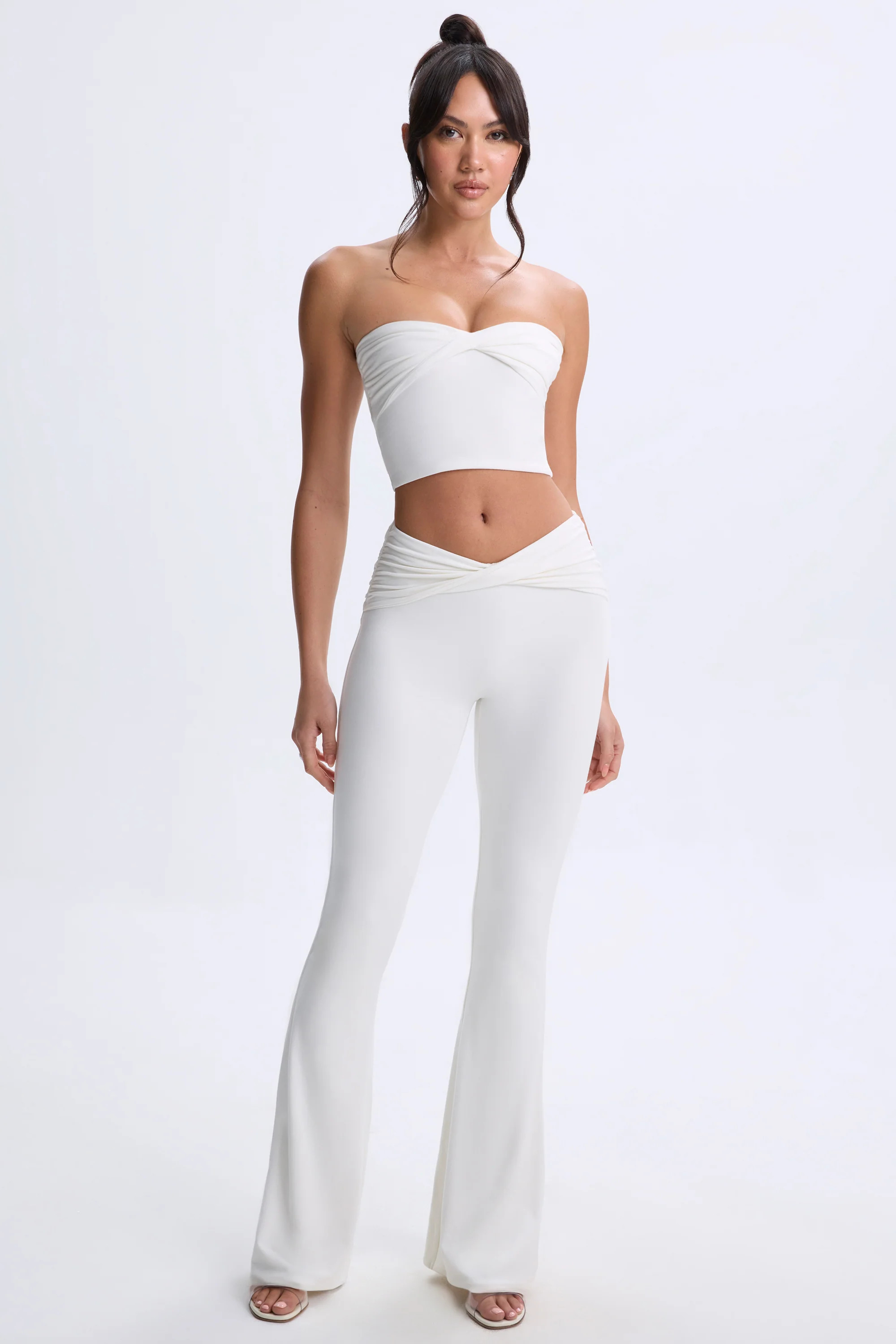 Petite Twist-Front Flared Trousers in White | Oh Polly