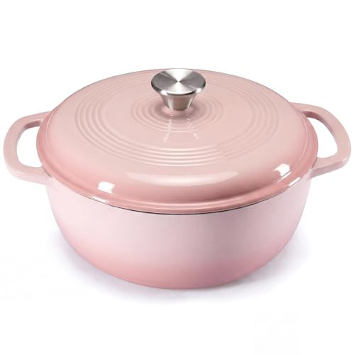 NEWBULIG Cast Iron Dutch Oven, 6 Quart Enamel Dutch Oven Pot with Lid, Heavy Duty Cookware for Sourdough Bread, Braising, Stews, Roasting, Safe up to 500°F, Pink | Amazon (US)