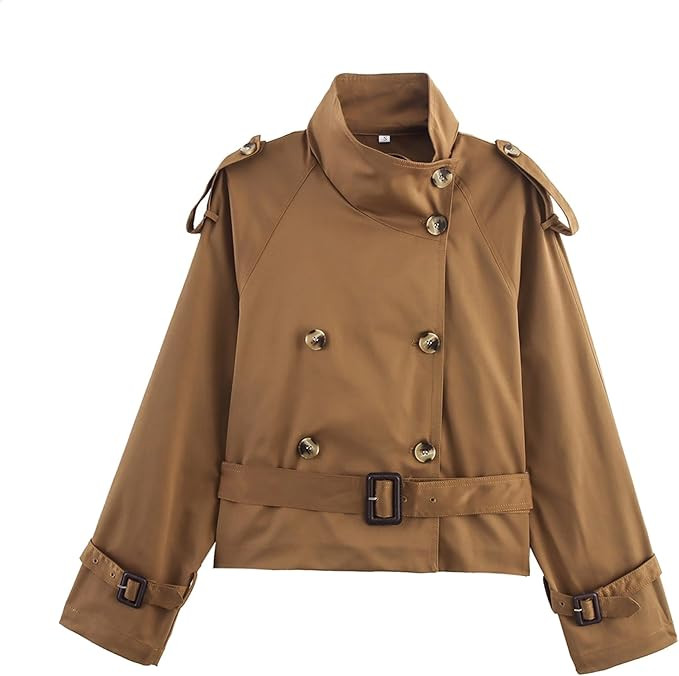 Women Trench Coat Double Breasted Stand Collar Belted Outerwear Fall Casual Fashion Cropped Jacke... | Amazon (US)