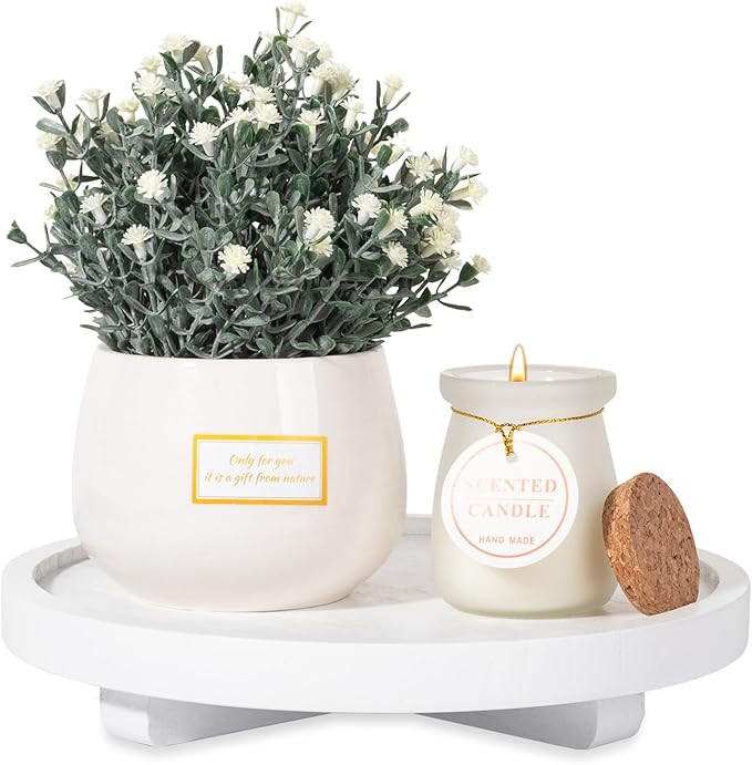 9" Round Decorative Tray Wood Bathroom Counter Organizer Farmhouse Kitchen Decor Wooden Riser for... | Amazon (US)