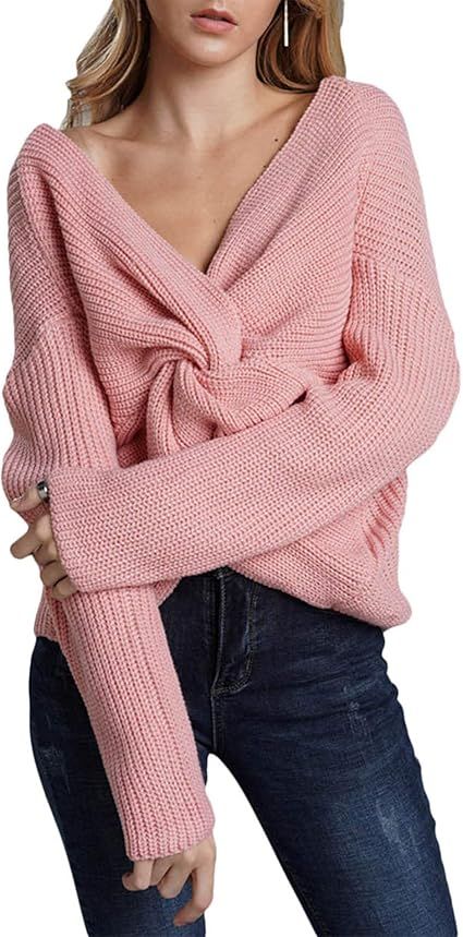Sexyshine Women's Casual V Neck Criss Cross Backless Long Batwing Sleeve Loose Knitted Sweater Pu... | Amazon (US)