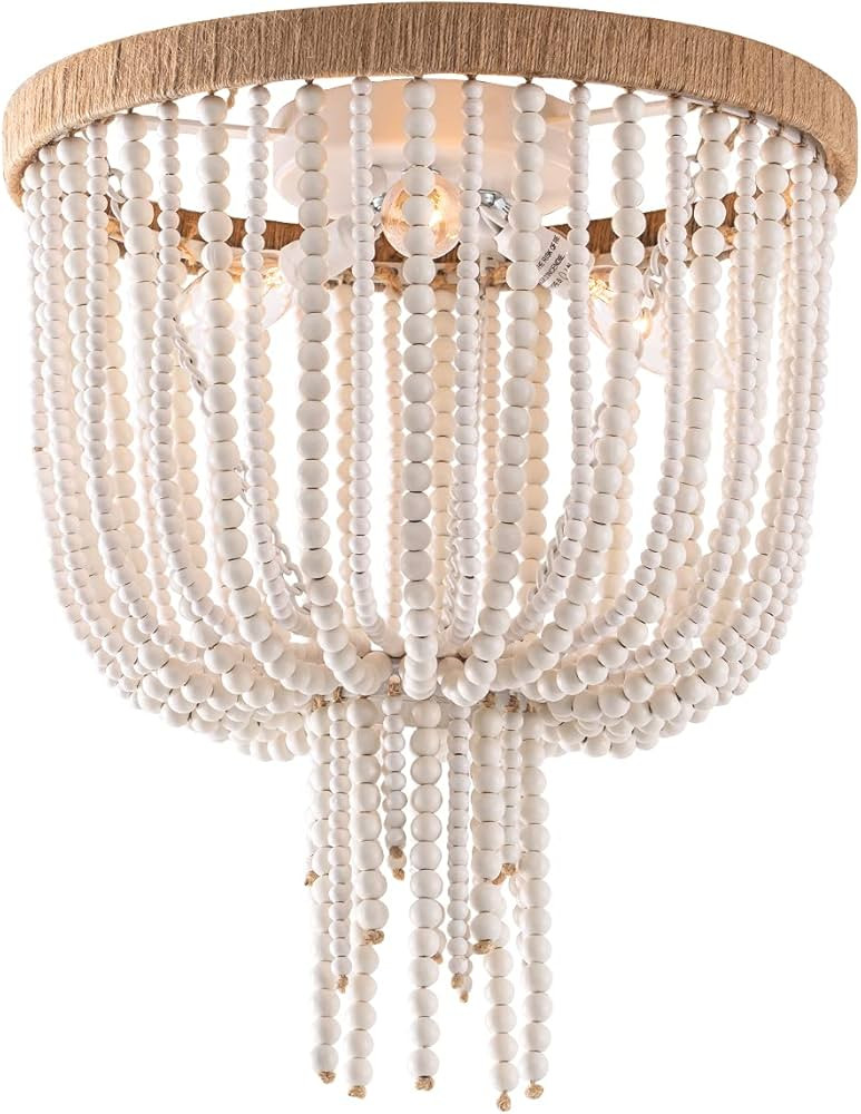 ELYCCUPA Wood Beaded Flush Mount Ceiling Light Bohemia Antique Rustic 3 Lights Mini Farmhouse Cha... | Amazon (US)