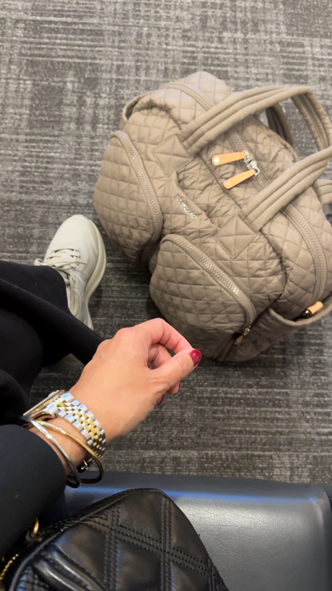 Cozy travel outfit. Cozy set. Exact air essentials is true to size for me. I usually take the petite length in the wide leg pants. Also linking my favorite alternative to the air essentials sets. 
Travel bag looks chic, is lightweight, and has the perfect organizational details for airplane travel. 
Waterproof sneakers are supportive and cushioned and comfy out of the box. True to size. 
Lightweight water durable bangle bracelets go with everything. 
Favorite amazon crew socks  

#LTKootd #LTKOver40 #LTKTravel