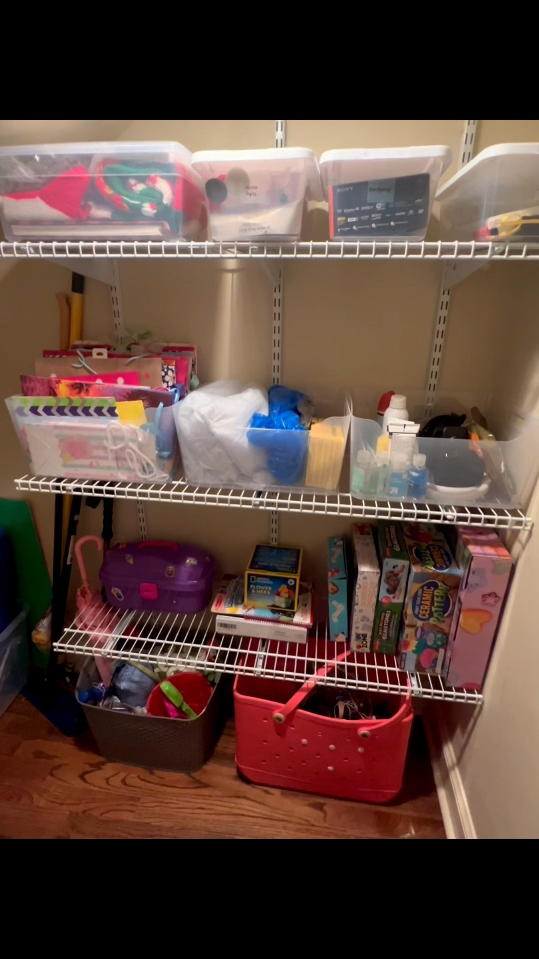 Budget friendly under stairs closet upgrade using basic wire shelving and simple bins.

This client was organizing several areas of her home, so we needed a solution that made sense for the space and the budget. Since this closet is mostly hidden storage, function mattered more than fancy.

The 12 inch wire shelves worked well here because the closet was narrow, and the deeper, prettier options would have taken up too much space.

Everything is now off the floor, easier to see, and grouped by category. Not every organizing solution has to be “dream pantry” pretty. Sometimes it just needs to work.

Linking the shelving and storage bins here.