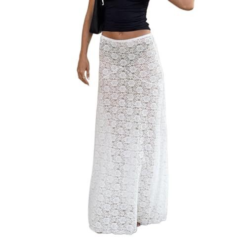 Womens Sexy Low Waist Lace Maxi Skirt Summer A-line Y2k Sheer Elegant Beach Party Maxi Skirts Wrap Long Skirt (White,Medium,Medium) | Amazon (US)