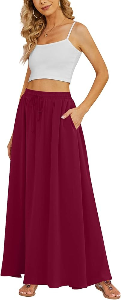 Yincro Women's Flowy Maxi Skirt Summer Pleated High Waisted Casual Long Skirts with Pockets | Amazon (US)
