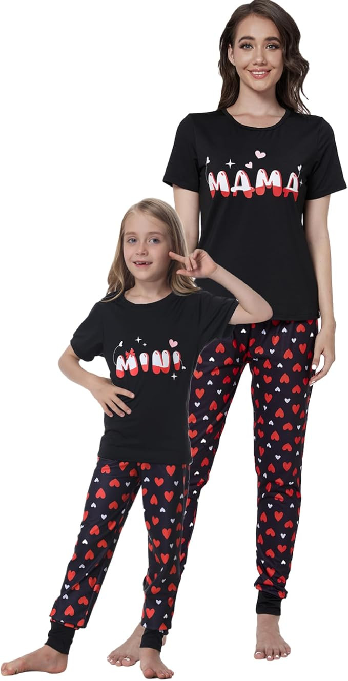 MyFav Mommy and Me Pajamas Heart Print Sleepwear Family Matching Short Sleeve Nightwear | Amazon (US)