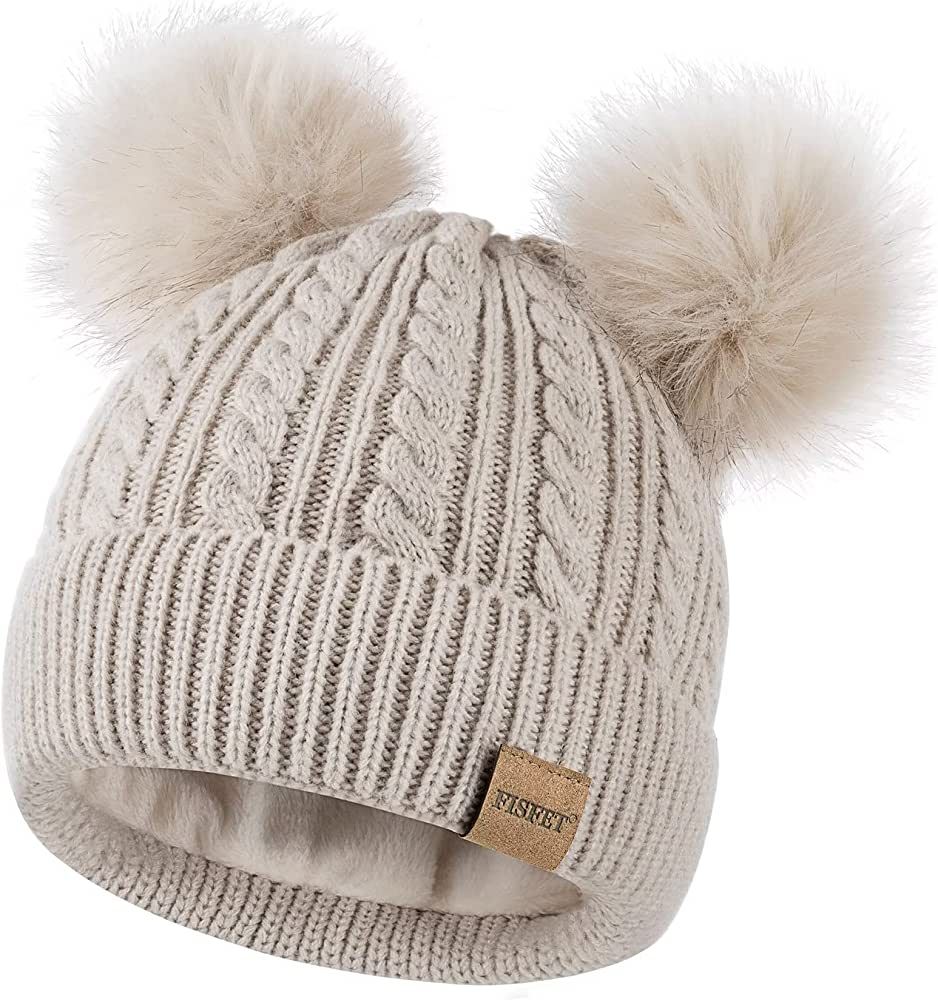 Beanies Women with Double Pom Pom, Winter Hats for Women Cold Weather Warm Knit Fleece Lined, Cut... | Amazon (US)
