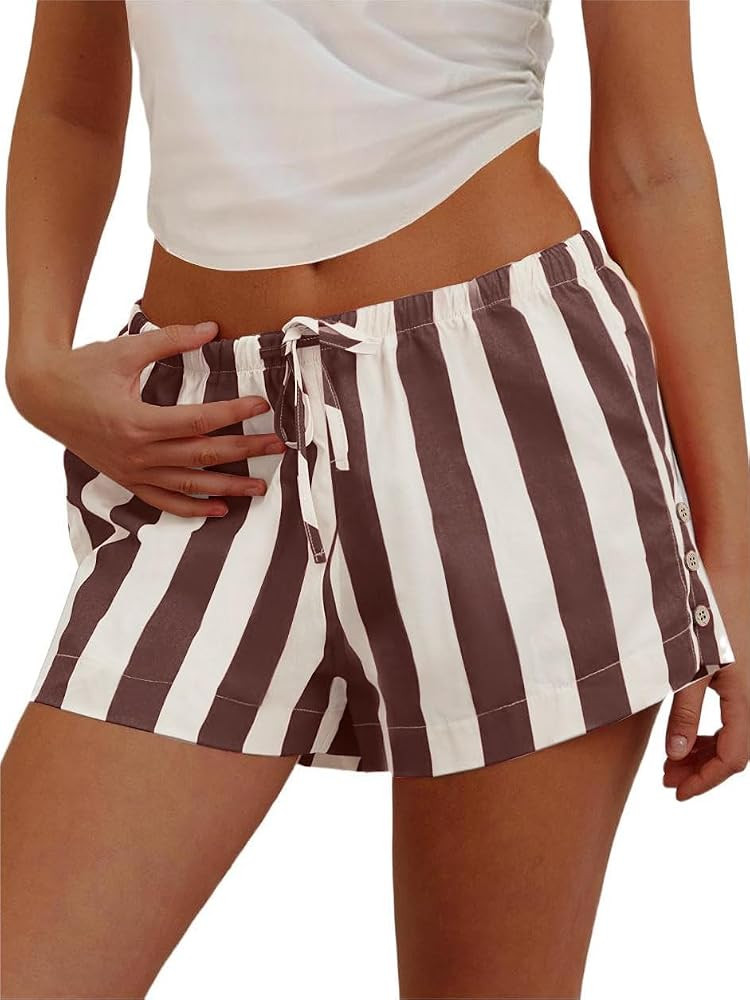 Womens Striped Boxer Shorts Casual Wide Leg Drawstring Low Rise Elastic Waist Pajama Lounge Pj Sl... | Amazon (US)