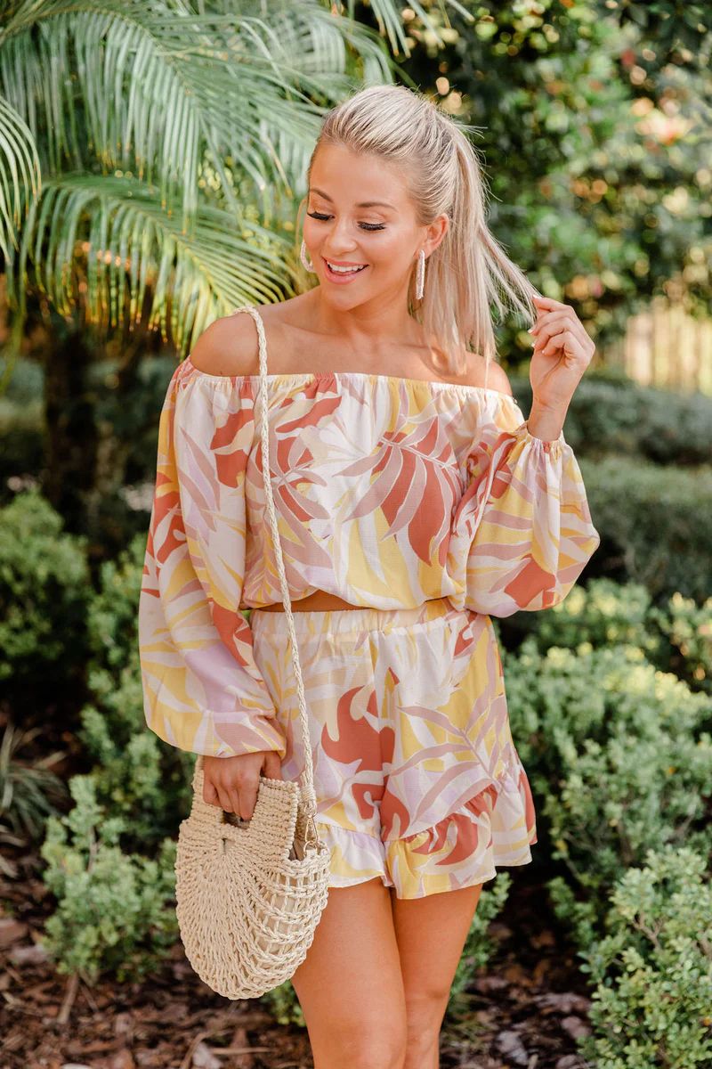 Following The Path Yellow Tropical Shorts | The Pink Lily Boutique
