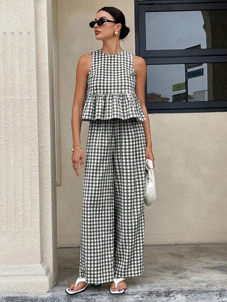 Women Boho Gingham Set - Ruffle Trim Co-Ord for Vacation & Summer (Large,Black) at Amazon Women\u... | Amazon (US)