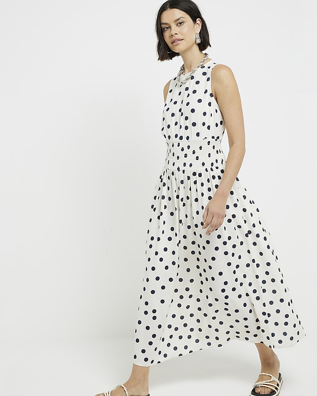 Cream linen blend spot smock midi dress | River Island (UK & IE)