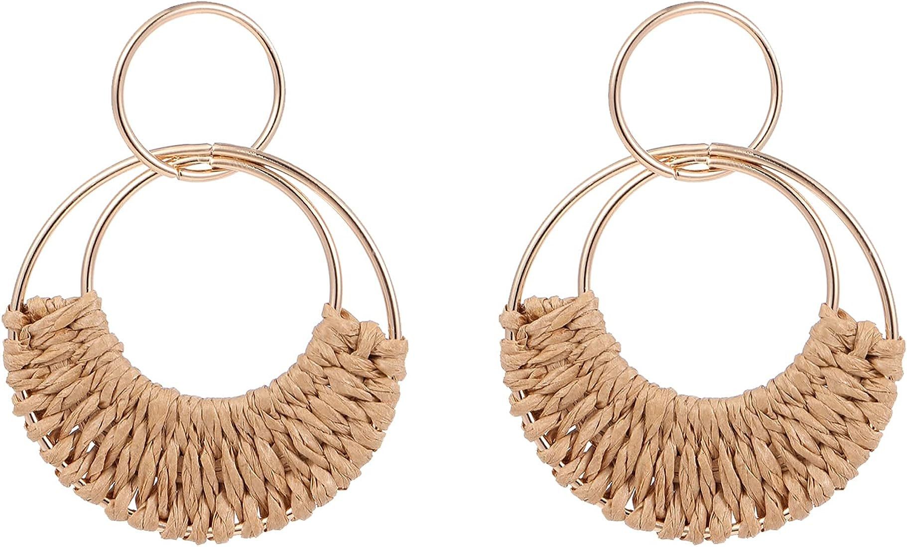 Rattan Hoop Earrings for Women Boho Summer Beach Raffia Earrings Lightweight Handmade Straw Wicke... | Amazon (US)