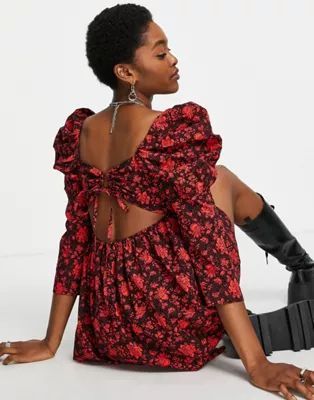 Topshop volume sleeve floral mini dress in red | ASOS | ASOS (Global)