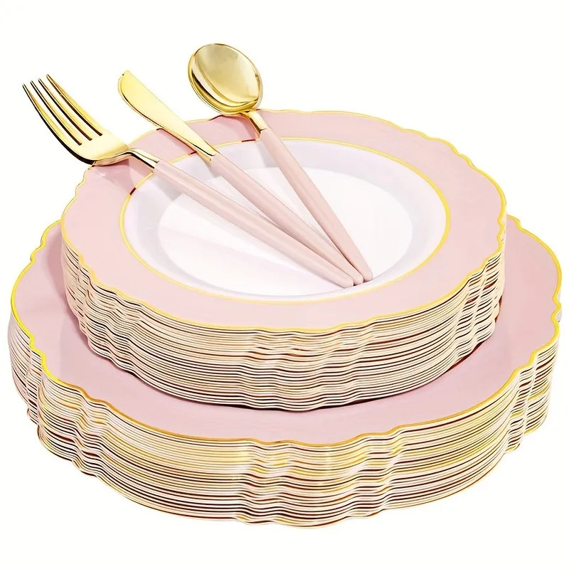 Set For 10 Guest   Plastic Plate And Golden Plastic Silvery Combination Set With   Handles Baroqu... | Temu Affiliate Program