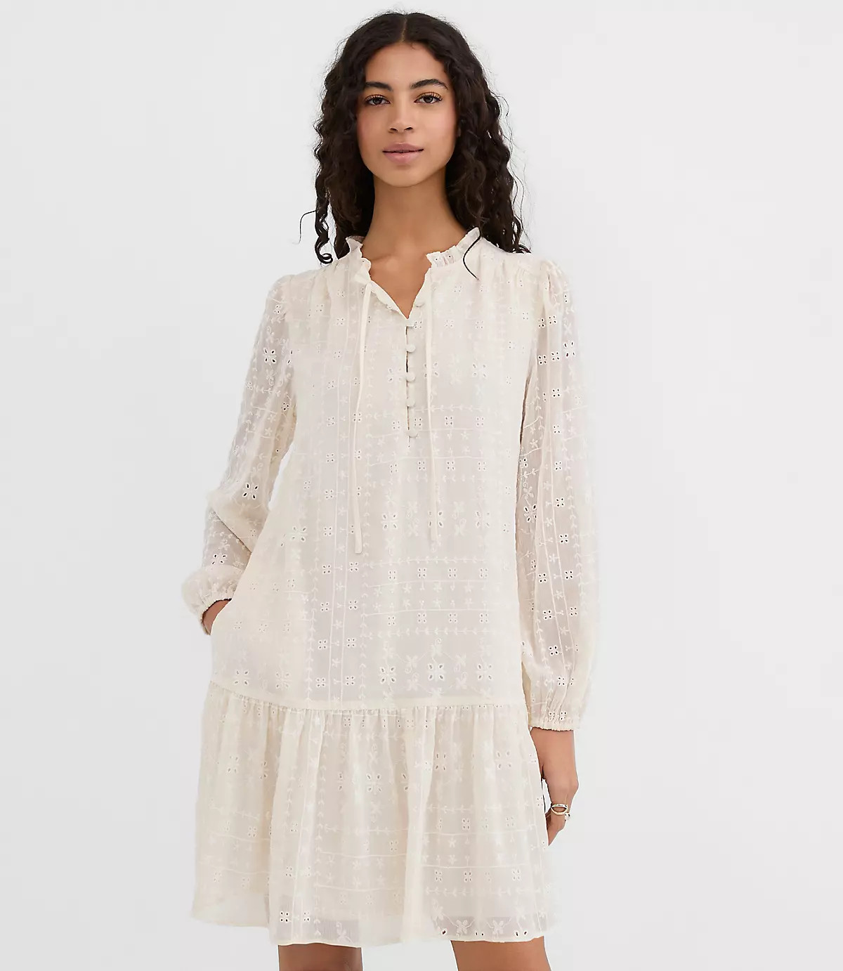 Eyelet Tie Neck Flounce Mini Pocket Dress | LOFT