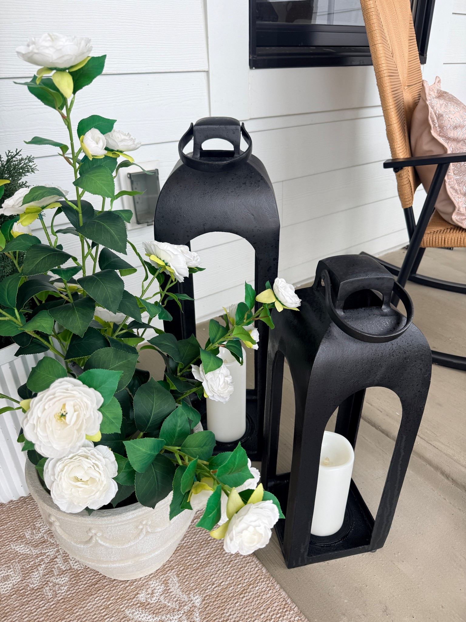 Make your outdoor space more cozy with these gorgeous lanterns and artificial camellias. Perfect for any season! #outdoordecor #lanterns

#LTKdayinmylife #LTKHome