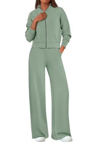 PRETTYGARDEN Women's 2 Piece Outfits Spring Sweatsuits Zip Up Sweatshirt Wide Leg Sweatpants Casual Tracksuit Lounge Sets(Sage Green,XX-Large) | Amazon (US)