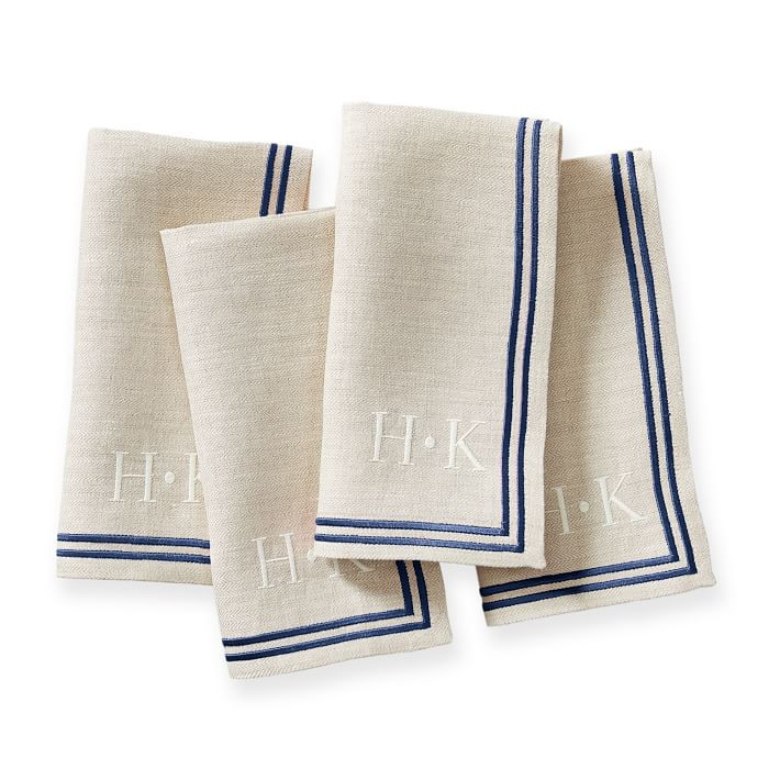 Herringbone Bordered Linen Napkins, Set of 4, Navy | Mark and Graham