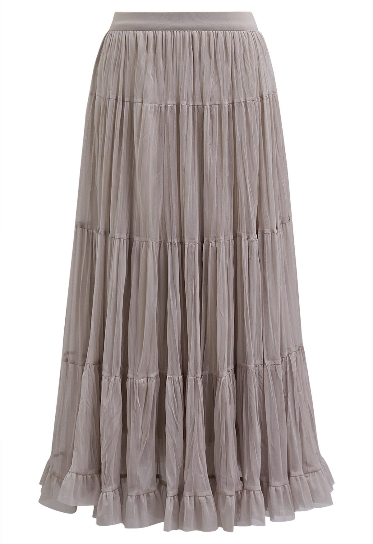 Reversible Gathered Pleats Tiered Tulle Maxi Skirt in Taupe | Chicwish