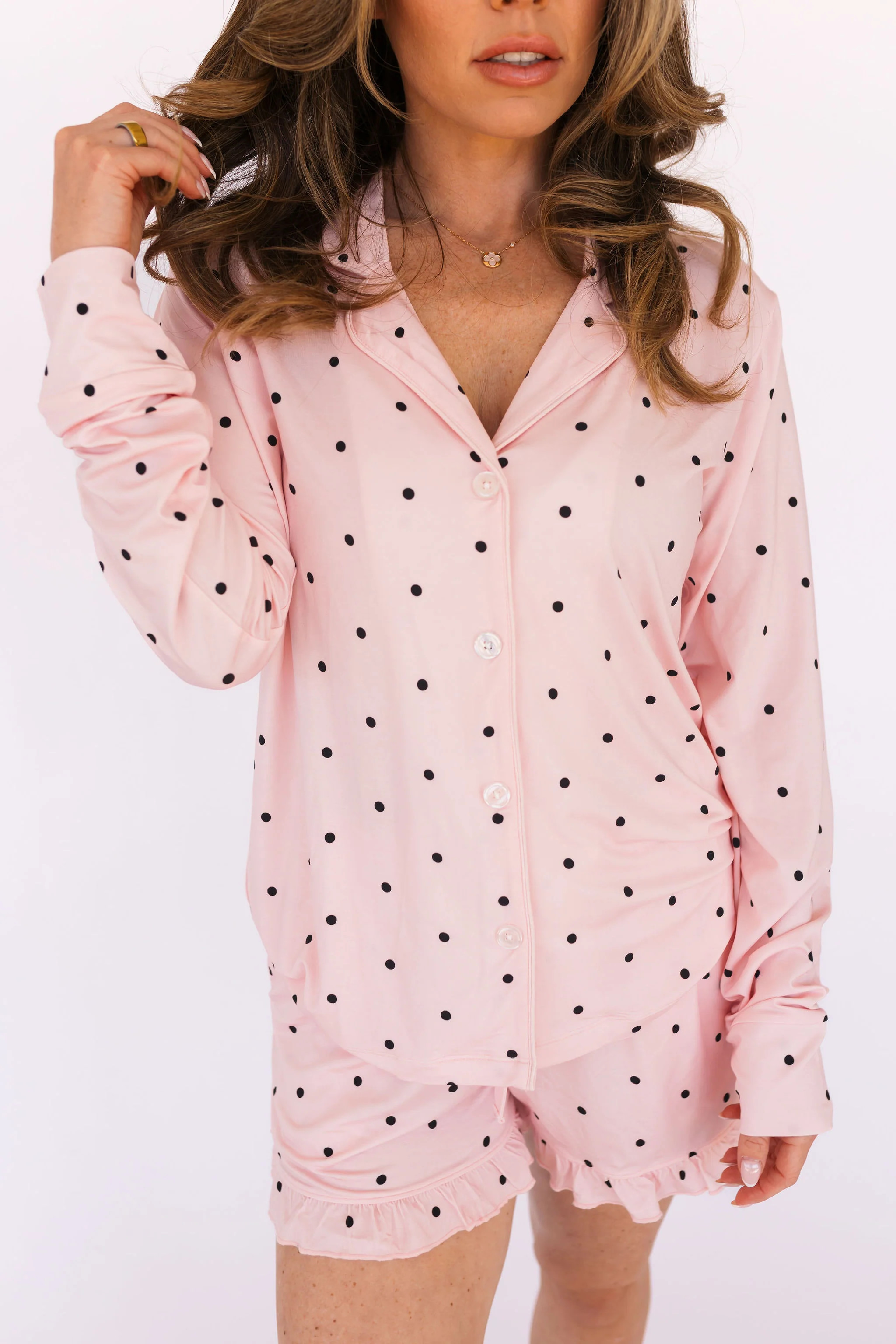 Blush Polka Dot Women's Long Sleeve Short Set | In My Jammers