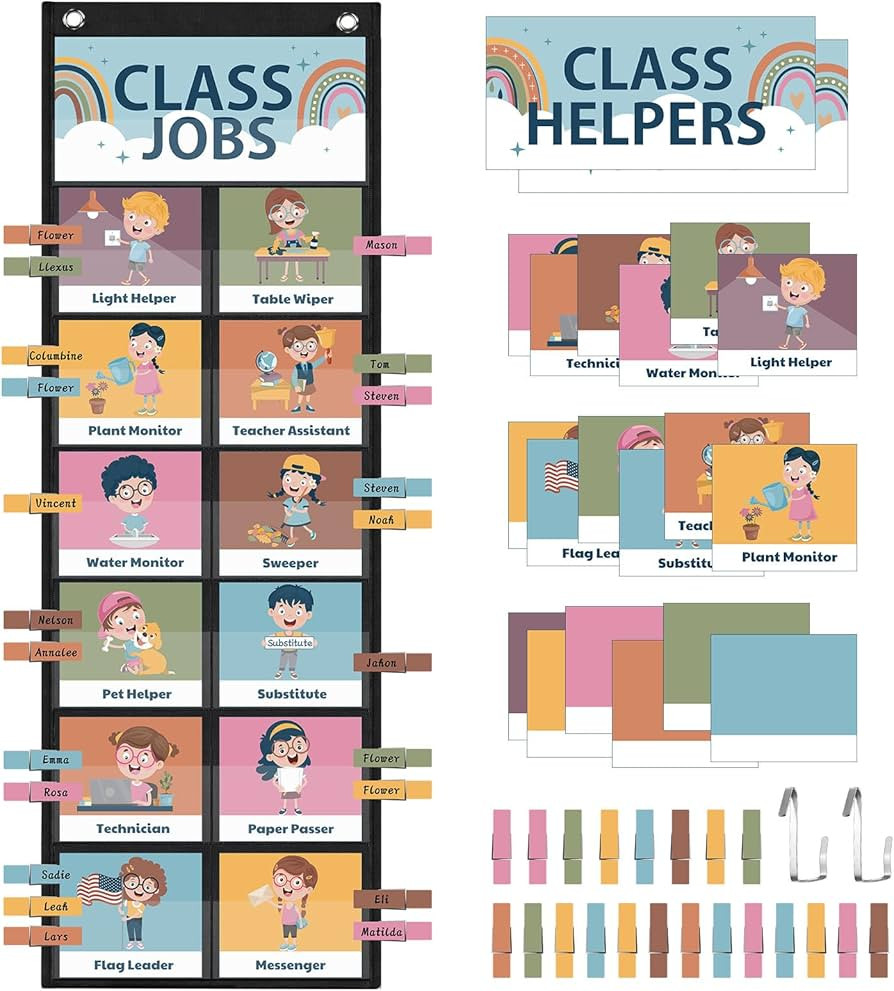 89 Pcs Class Jobs Pocket Chart Boho Class Helpers Pocket Chart Class Management Educational Pocke... | Amazon (US)