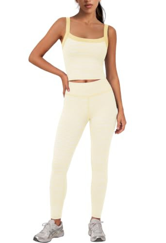 Panadila Womens Striped Workout Set Yoga Set Tank and Leggings Yellow XS | Amazon (US)
