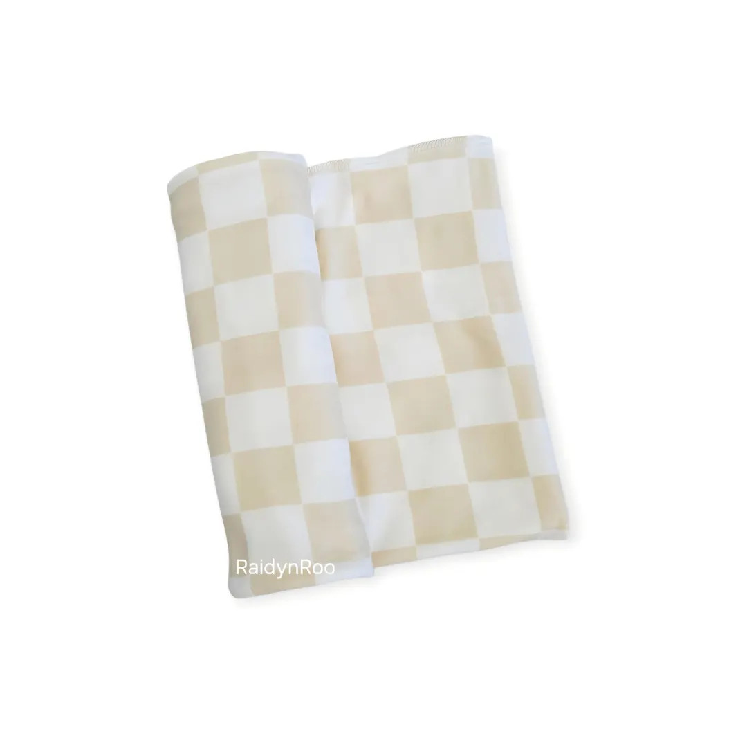 Checkered Baby Swaddle Blanket: Beige & White Polyester Spandex Knit | Etsy (US)