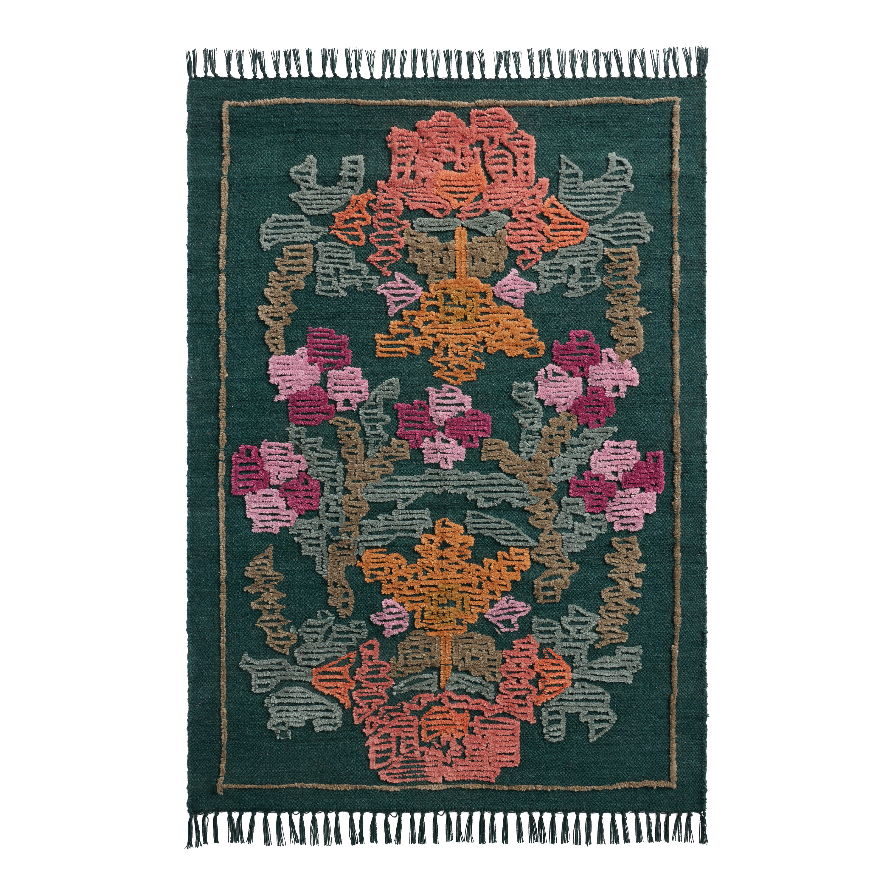 Jardin Dark Teal Floral Woven and Tufted Wool Blend Area Rug | World Market