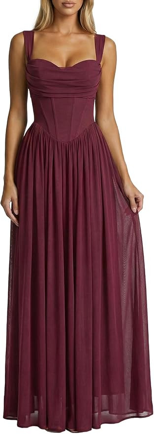Celeste Women's Milkmaid Faux Corset Formal A-Line Maxi Dress | Built-in bra, cowl neckline, adju... | Amazon (US)