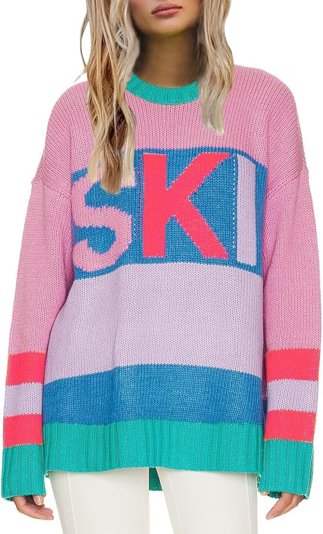 Women Color Block Ski Print Sweater Knit Oversized Crew Neck Long Sleeve Pullover Sweaters Tops | Amazon (US)