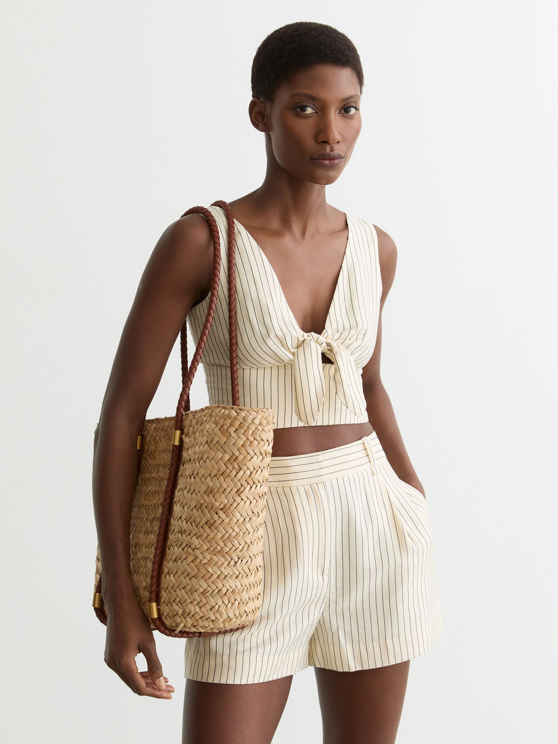 Reiss Raffia-Effect Braided-Strap Tote Bag in Natural - REISS | Reiss UK