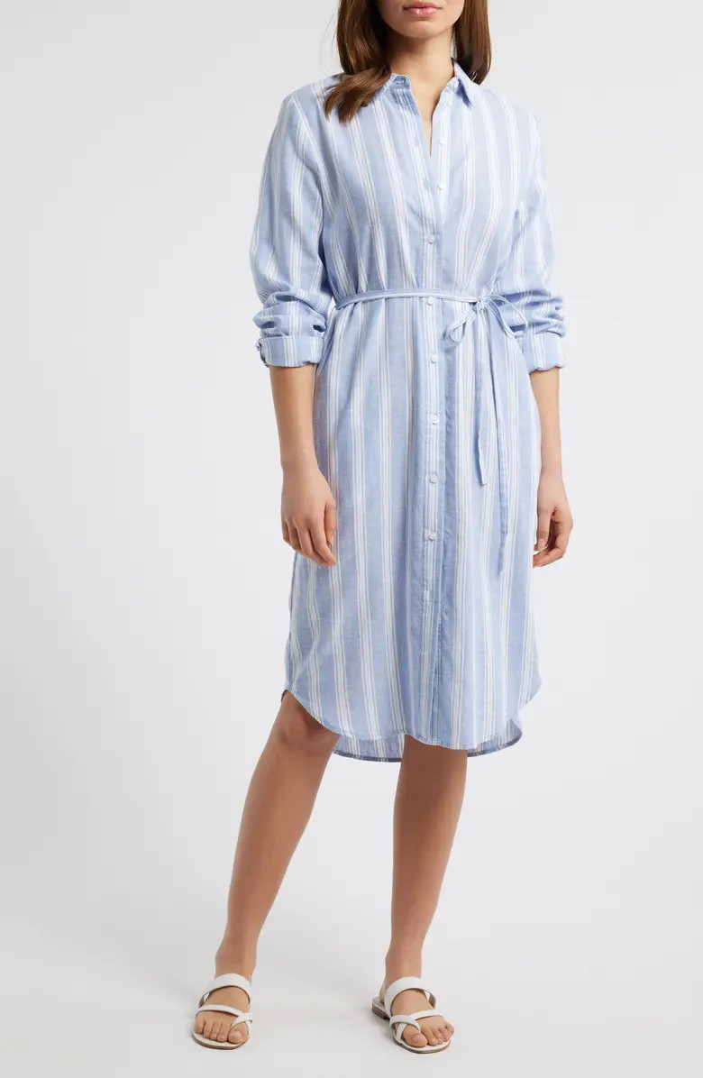 Caslon® Stripe Long Sleeve Linen Blend Shirtdress | Nordstrom | Nordstrom