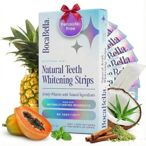 BocaBella Natural Teeth Whitening Strips - 100% Sensitivity-Free, Whitens 8 Shades in 14 Days, Peroxide-Free, Enamel-Safe, Papaya & Pineapple Enzymes, Aloe & Coconut Oil, 14 Treatments (28 Strips) | Amazon (US)