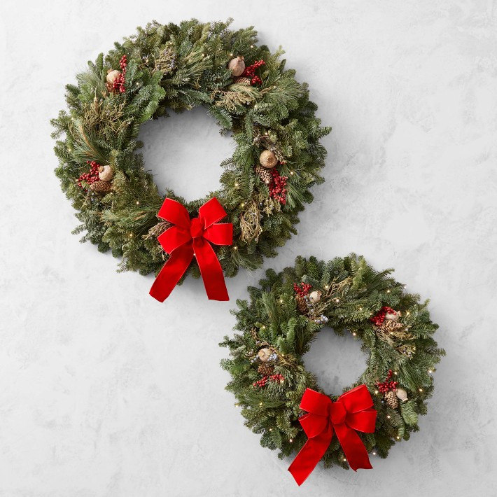 Fresh Noble Fir Red Velvet Bow Pre-Lit Wreath | Williams-Sonoma