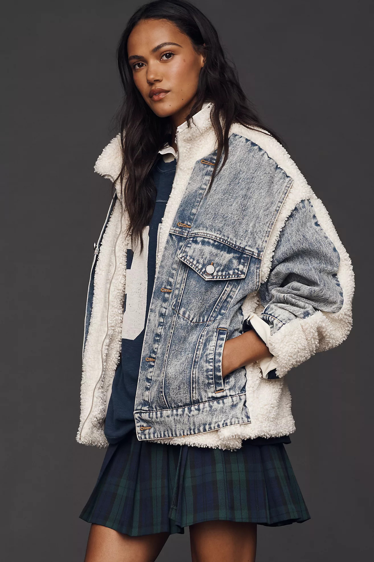 BLANKNYC Bear Hug Denim Sherpa Fleece Jacket | Anthropologie (US)