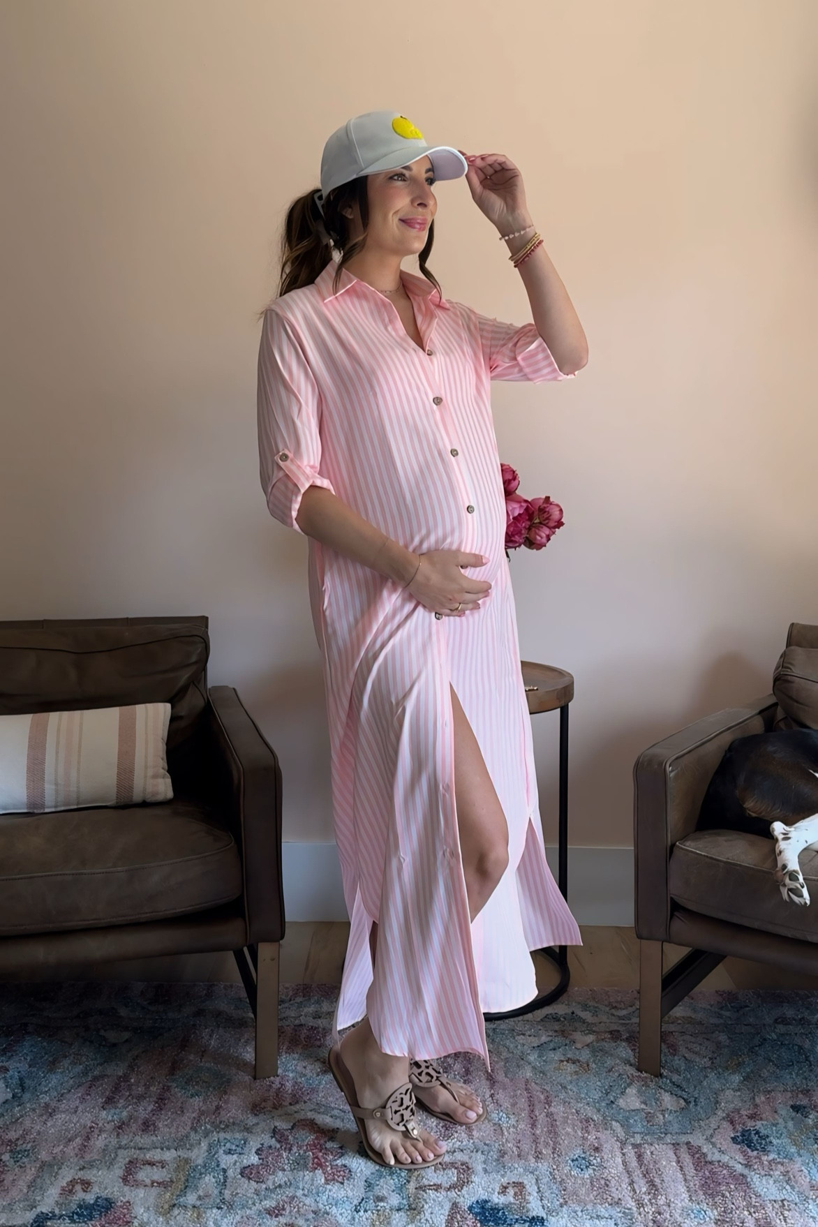 Pool day outfit 34 weeks pregnant 🤰🏻 this pink striped button down dress is so comfy. It has buttons all the way down so you can wear it open as a swim coverup or closed as a dress! I’ll wear this in the classroom too (buttoned all the way down)! 

#LTKWorkwear #LTKBump #LTKSwim