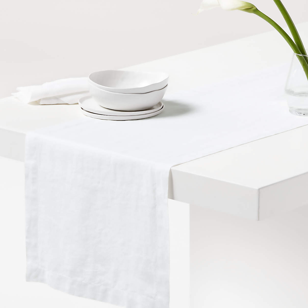 Marin 120" White EUROPEAN FLAX -Certified Linen Table Runner + Reviews | Crate & Barrel | Crate & Barrel