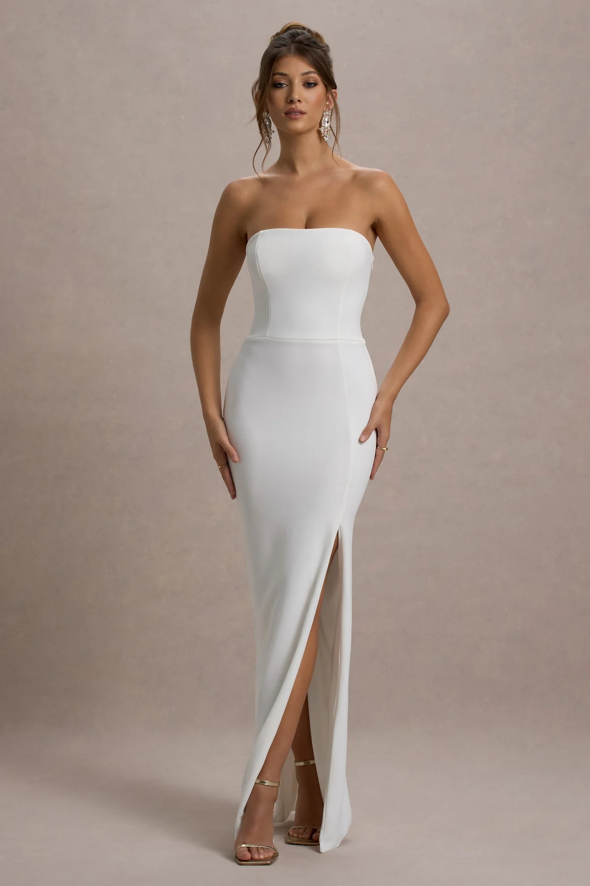 Belle of The Ball | White Bandeau Maxi Dress With Split Hem | Club L London