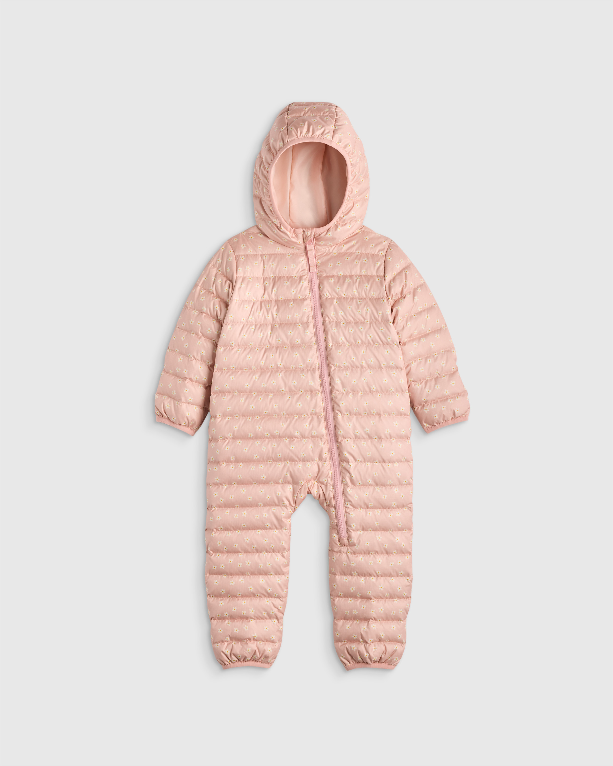 Quince | Lightweight Down Puffer Bunting in Pink Mini Floral, Size 0-3M, Recycled Polyester | Quince