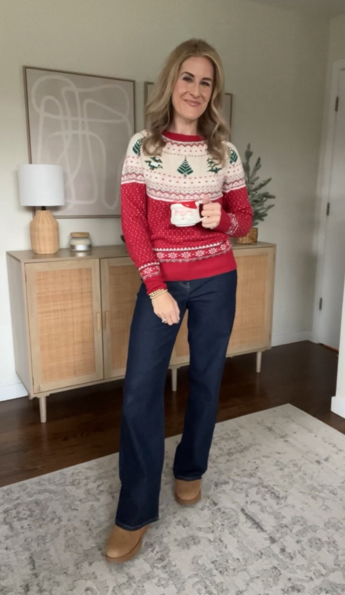 Walmart Christmas sweaters are soft and stretchy, under $20! I’m in a small. Small in the jeans too. These have elastic at the back waist, never stretch out! #walmartfashion 

#LTKFindsUnder50 #LTKootd #LTKHoliday