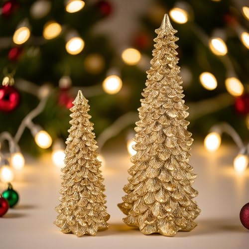 Resin Christmas Tree Figurines, 2Pcs Tabletop Christmas Trees Statues Vintage Holiday Dinner Party Supplies for Winter Mantle Shelf Centerpieces Rustic Decorations (Gold) | Amazon (US)