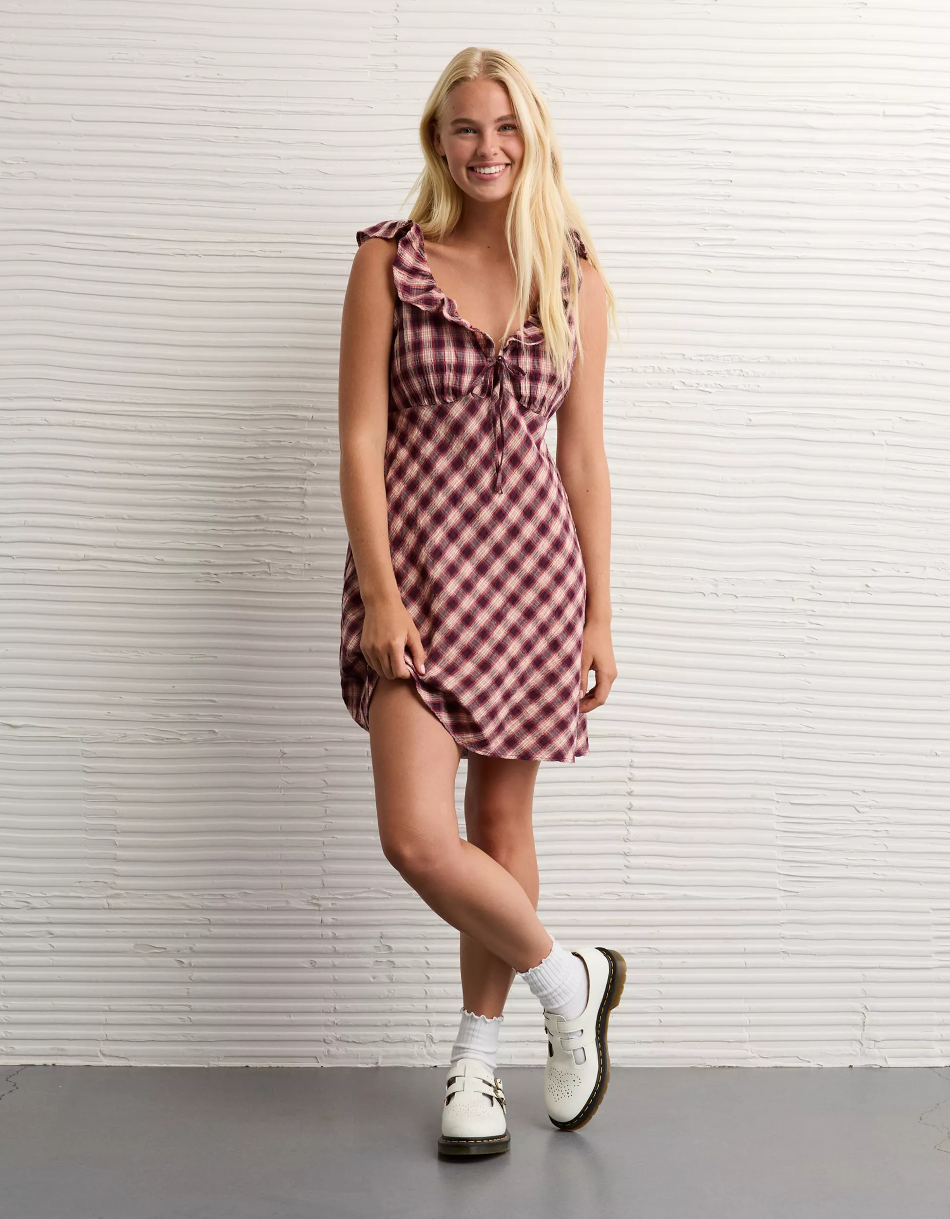 AE Ruffle Tie-Front Mini Dress | American Eagle Outfitters (US & CA)