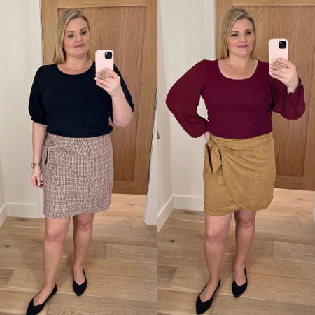 Faux tie front mini skirts in plaid and suede. Fit true to size. Wearing 14 in the plaid but it’s loose. Wearing a 12 in the suede. Cranberry top fits true to size and is lightweight  

#LTKmidsize #LTKSeasonal #LTKover40
