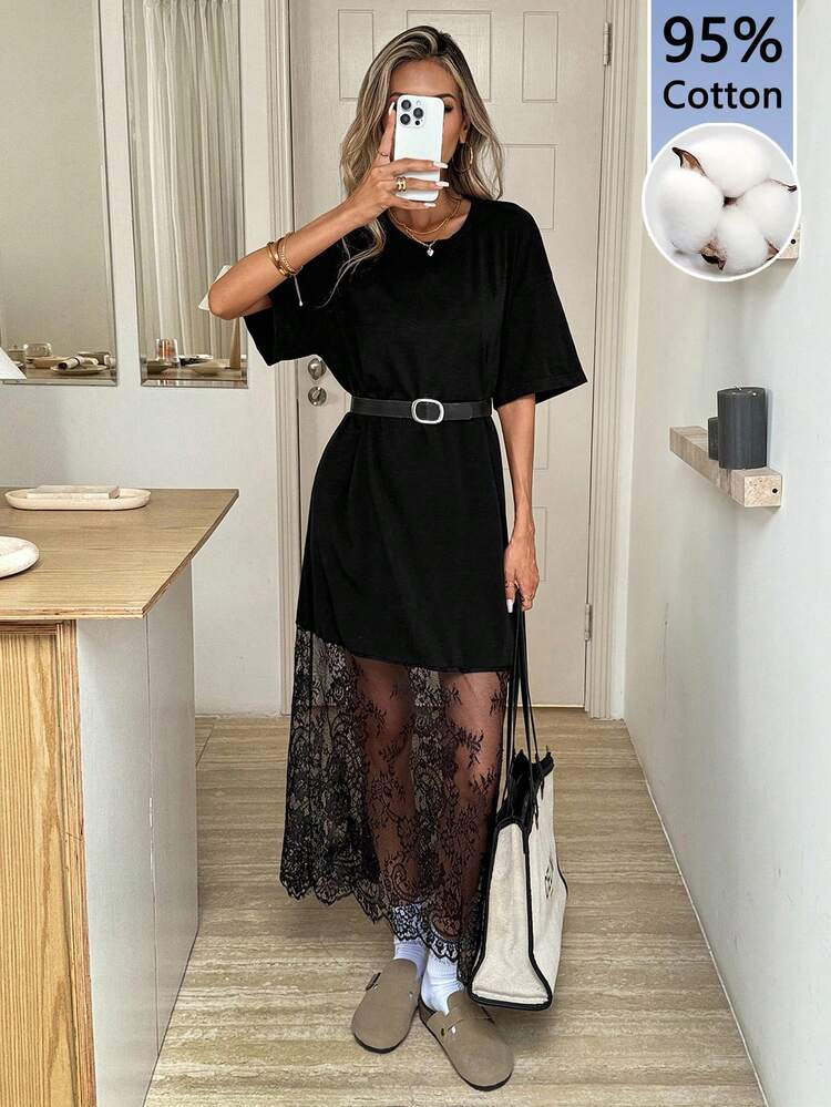 Women's Solid Color Round Neck Short Sleeve Loose Casual T-Shirt Lace Dress, Fashion Outfit For Going Out And Commuting, 95% Cotton Comfortable,Casual | SHEIN