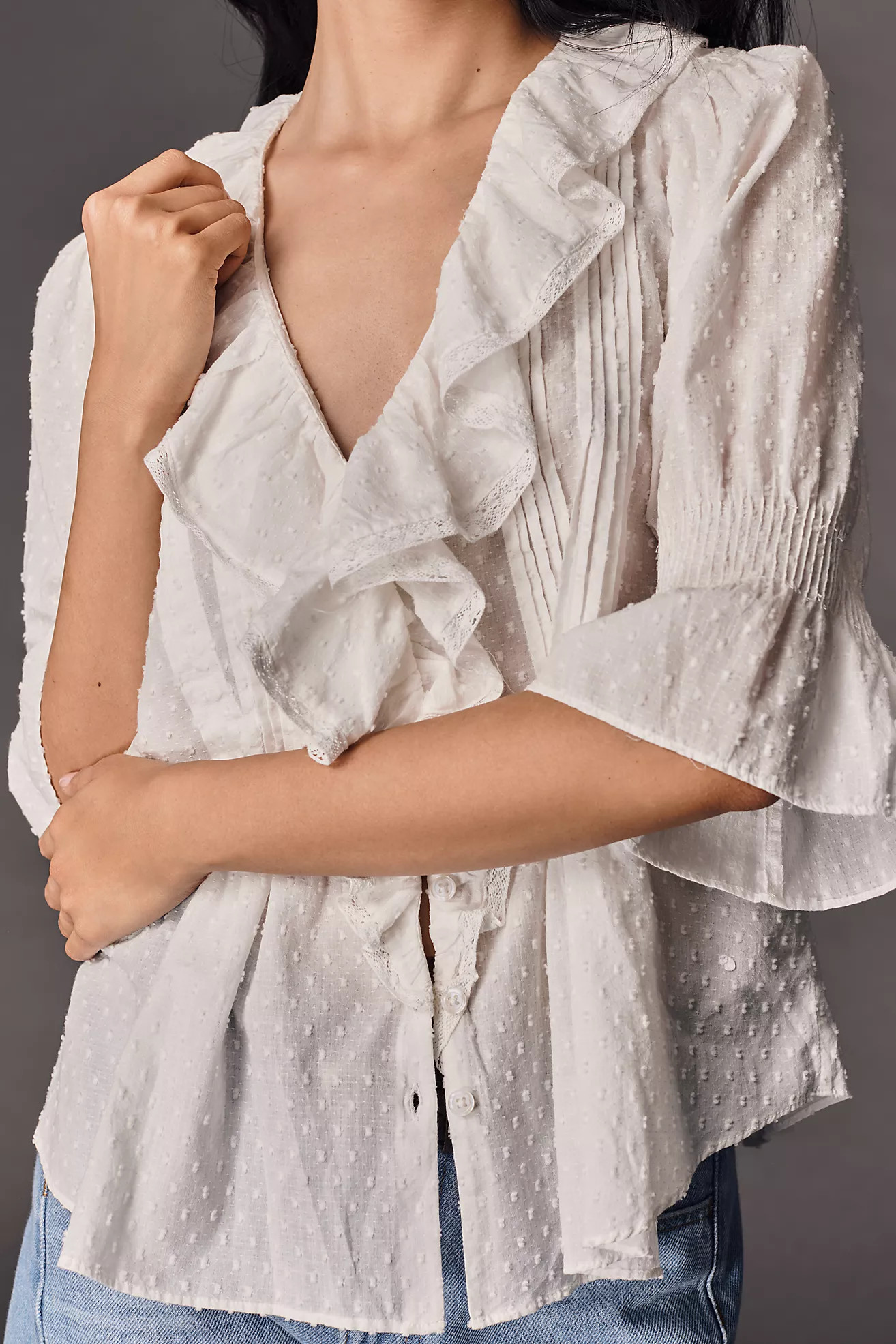 By Anthropologie Ruffled Pin-Tuck Button-Front Blouse | Anthropologie (US)
