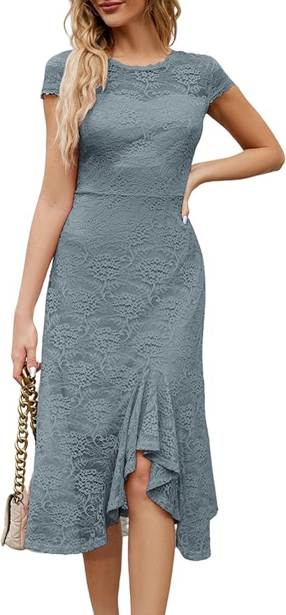JASAMBAC Lace Dress for Women 2023 Vintage Wedding Guest Dresses Ruffle Midi Cocktail Dress | Amazon (US)