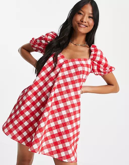 ASOS DESIGN Petite textured puff sleeve mini dress in red gingham print | ASOS (Global)
